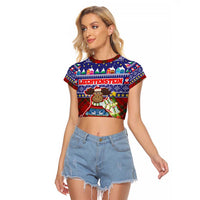 Liechtenstein Christmas Raglan Cropped T Shirt with Reindeer Character Holiday Village and Plaid Sleeves - Wonder Print Shop