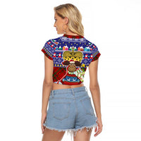 Liechtenstein Christmas Raglan Cropped T Shirt with Reindeer Character Holiday Village and Plaid Sleeves - Wonder Print Shop