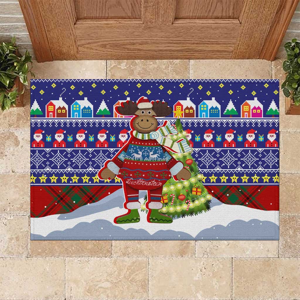 Liechtenstein Christmas Rubber Doormat with Reindeer Character Holiday Village and Plaid Sleeves - Wonder Print Shop