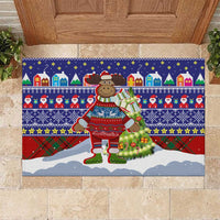 Liechtenstein Christmas Rubber Doormat with Reindeer Character Holiday Village and Plaid Sleeves - Wonder Print Shop