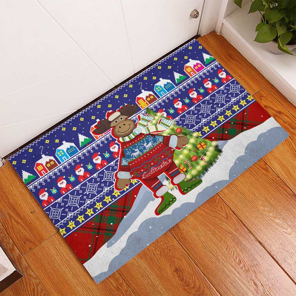 Liechtenstein Christmas Rubber Doormat with Reindeer Character Holiday Village and Plaid Sleeves - Wonder Print Shop