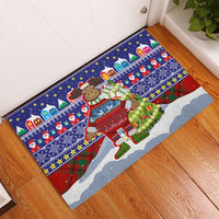 Liechtenstein Christmas Rubber Doormat with Reindeer Character Holiday Village and Plaid Sleeves - Wonder Print Shop