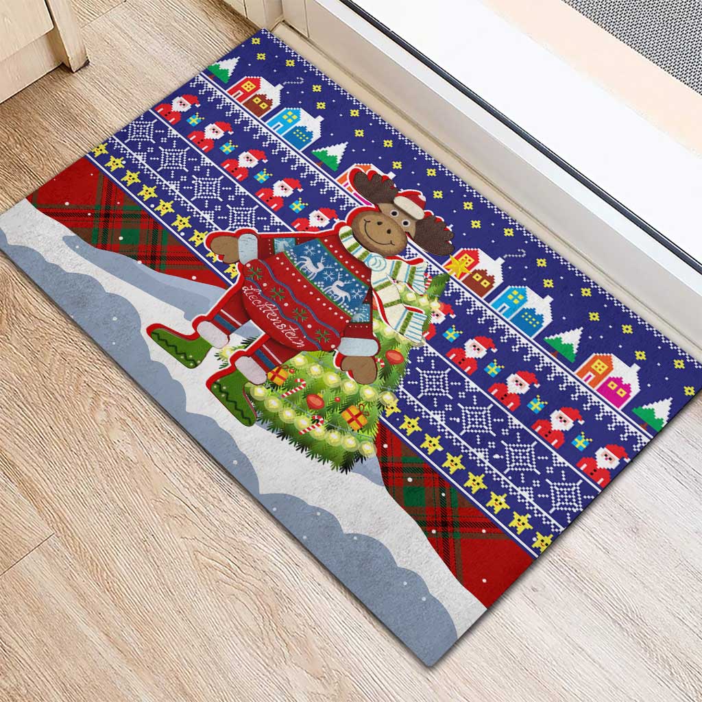 Liechtenstein Christmas Rubber Doormat with Reindeer Character Holiday Village and Plaid Sleeves - Wonder Print Shop