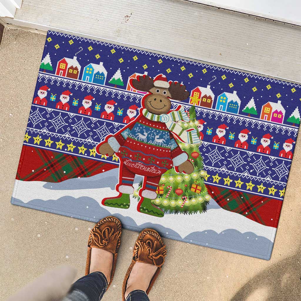 Liechtenstein Christmas Rubber Doormat with Reindeer Character Holiday Village and Plaid Sleeves - Wonder Print Shop