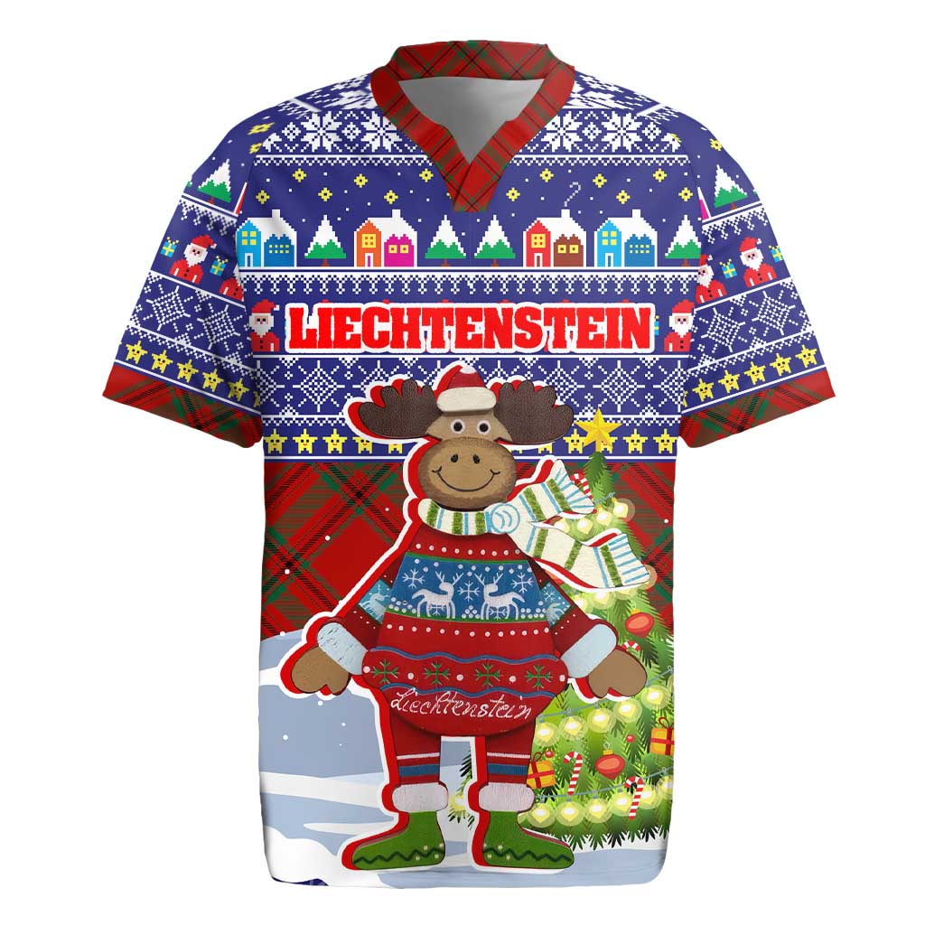 Liechtenstein Christmas Rugby Jersey with Reindeer Character Holiday Village and Plaid Sleeves - Wonder Print Shop