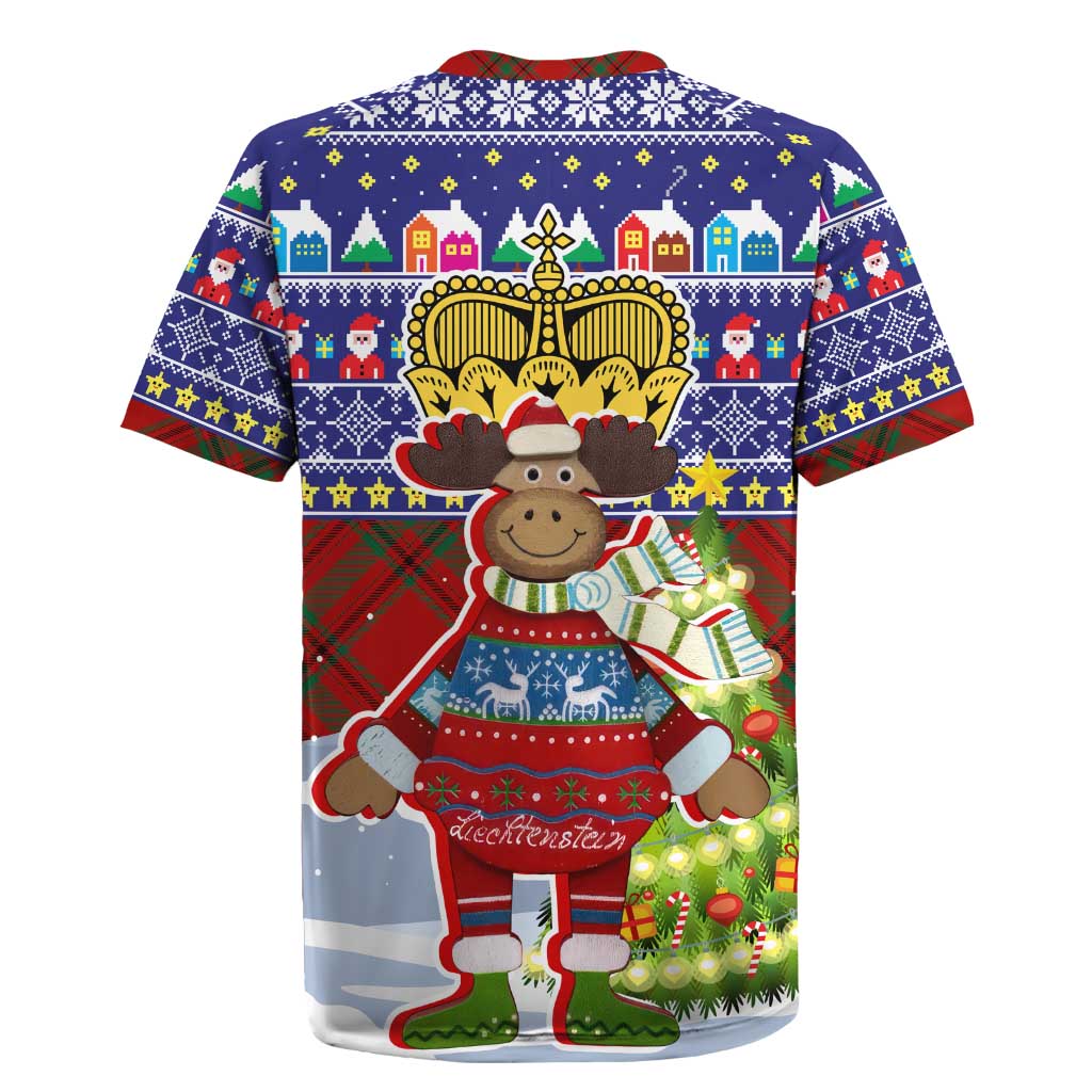 Liechtenstein Christmas Rugby Jersey with Reindeer Character Holiday Village and Plaid Sleeves - Wonder Print Shop