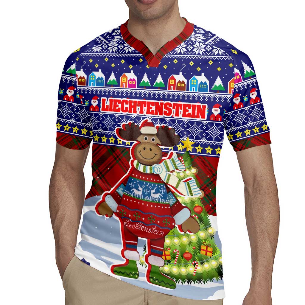 Liechtenstein Christmas Rugby Jersey with Reindeer Character Holiday Village and Plaid Sleeves - Wonder Print Shop