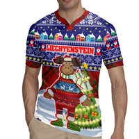 Liechtenstein Christmas Rugby Jersey with Reindeer Character Holiday Village and Plaid Sleeves - Wonder Print Shop