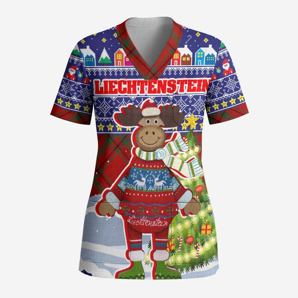 Liechtenstein Christmas Scrub Top with Reindeer Character Holiday Village and Plaid Sleeves - Wonder Print Shop