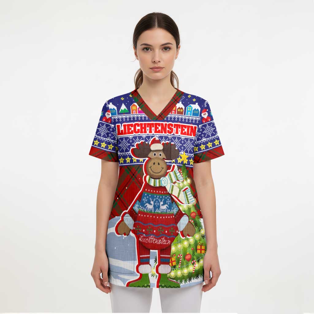Liechtenstein Christmas Scrub Top with Reindeer Character Holiday Village and Plaid Sleeves - Wonder Print Shop
