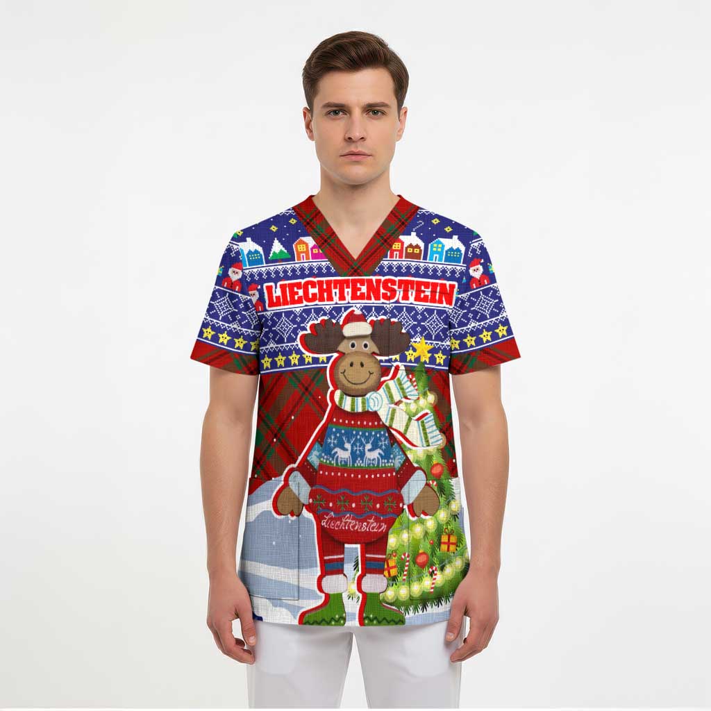 Liechtenstein Christmas Scrub Top with Reindeer Character Holiday Village and Plaid Sleeves - Wonder Print Shop