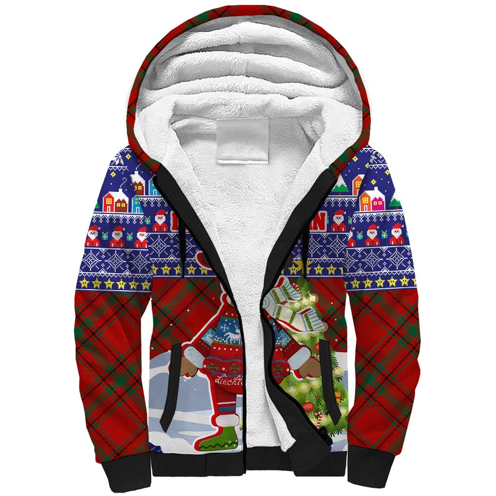 Liechtenstein Christmas Sherpa Hoodie with Reindeer Character Holiday Village and Plaid Sleeves - Wonder Print Shop