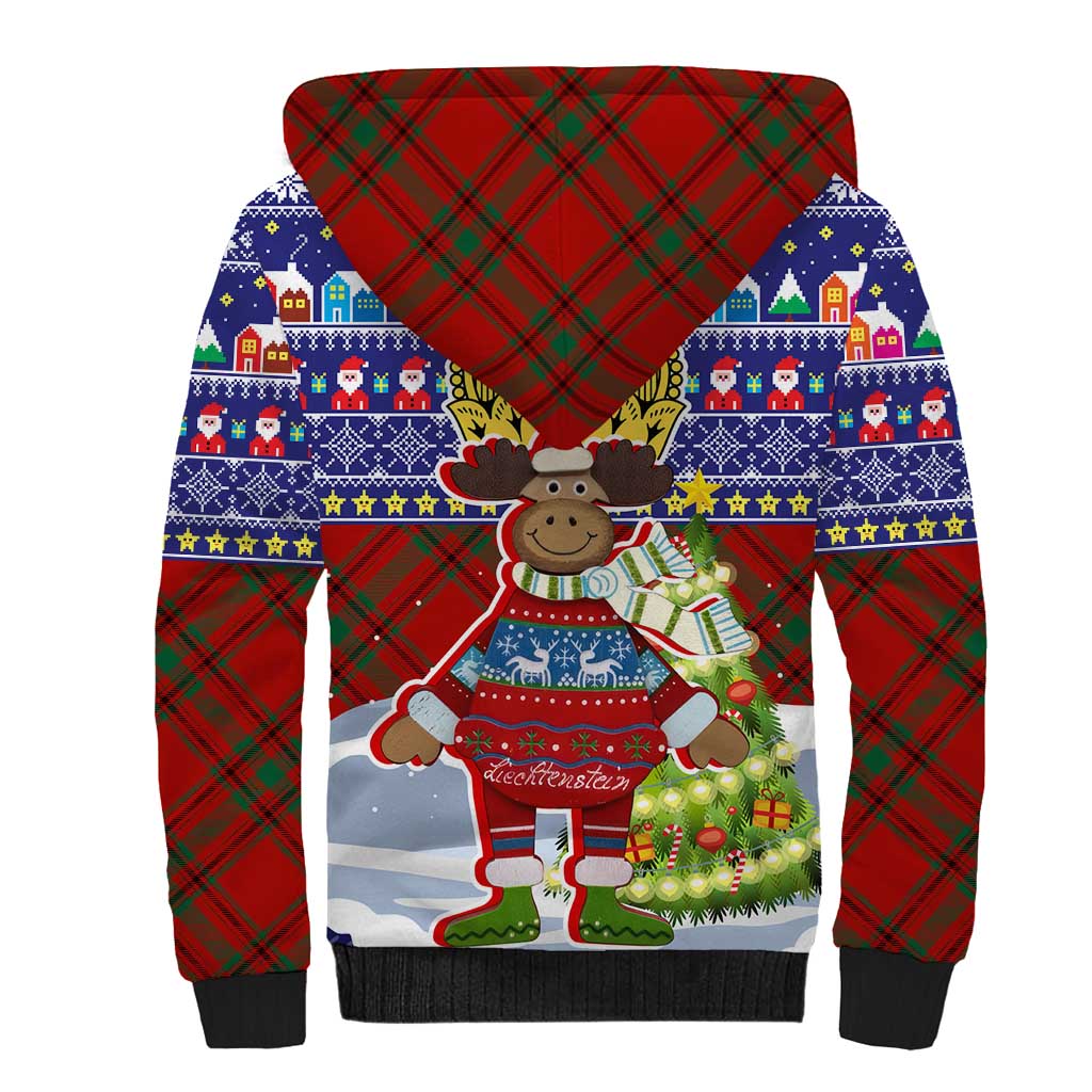 Liechtenstein Christmas Sherpa Hoodie with Reindeer Character Holiday Village and Plaid Sleeves - Wonder Print Shop