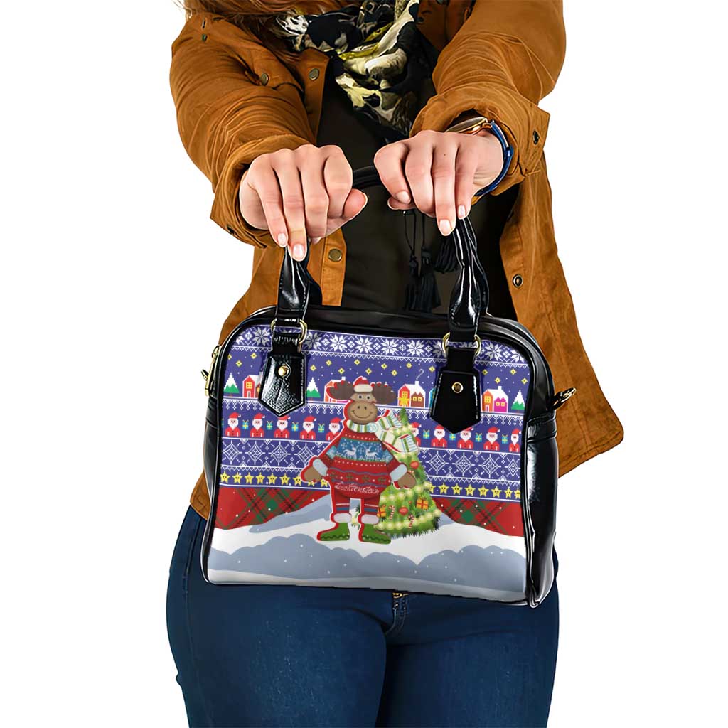 Liechtenstein Christmas Shoulder Handbag with Reindeer Character Holiday Village and Plaid Sleeves - Wonder Print Shop
