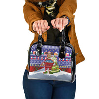 Liechtenstein Christmas Shoulder Handbag with Reindeer Character Holiday Village and Plaid Sleeves - Wonder Print Shop