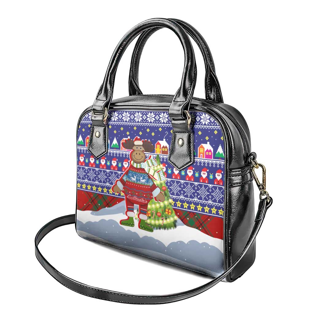 Liechtenstein Christmas Shoulder Handbag with Reindeer Character Holiday Village and Plaid Sleeves - Wonder Print Shop