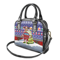 Liechtenstein Christmas Shoulder Handbag with Reindeer Character Holiday Village and Plaid Sleeves - Wonder Print Shop