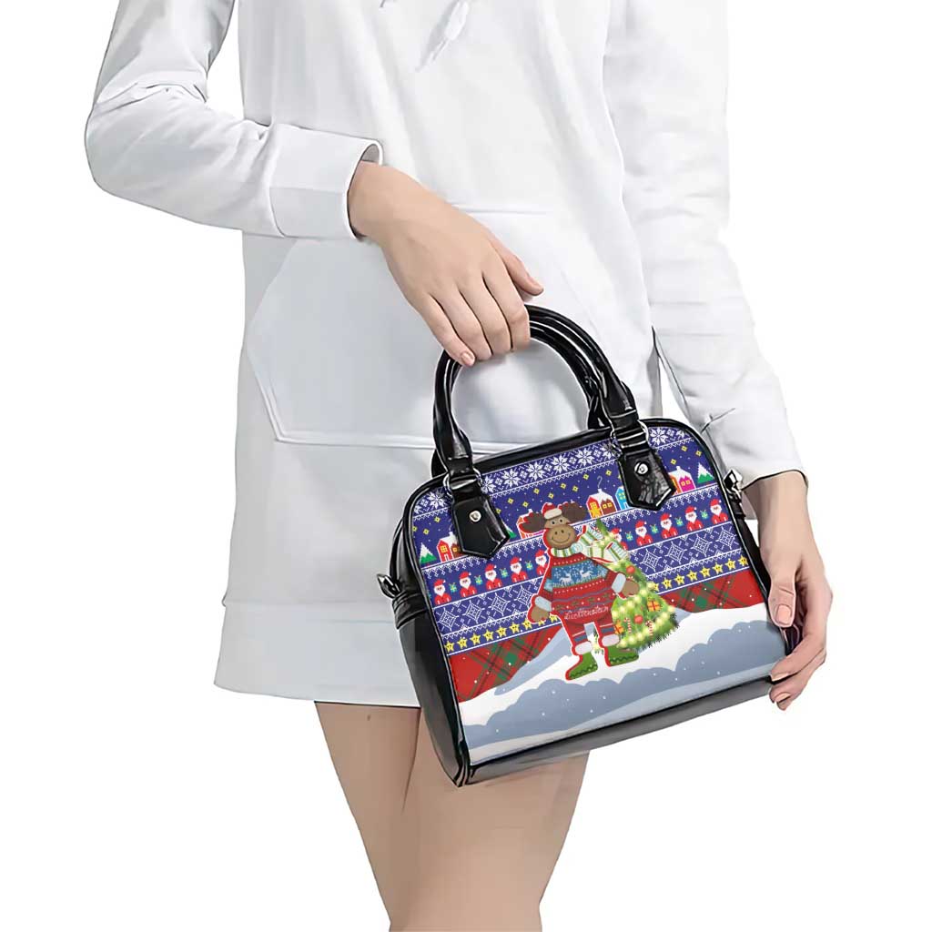 Liechtenstein Christmas Shoulder Handbag with Reindeer Character Holiday Village and Plaid Sleeves - Wonder Print Shop