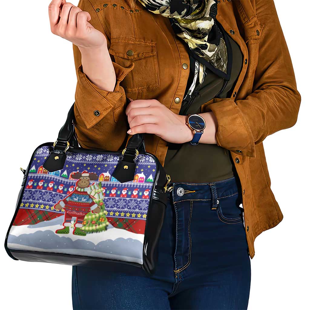 Liechtenstein Christmas Shoulder Handbag with Reindeer Character Holiday Village and Plaid Sleeves - Wonder Print Shop