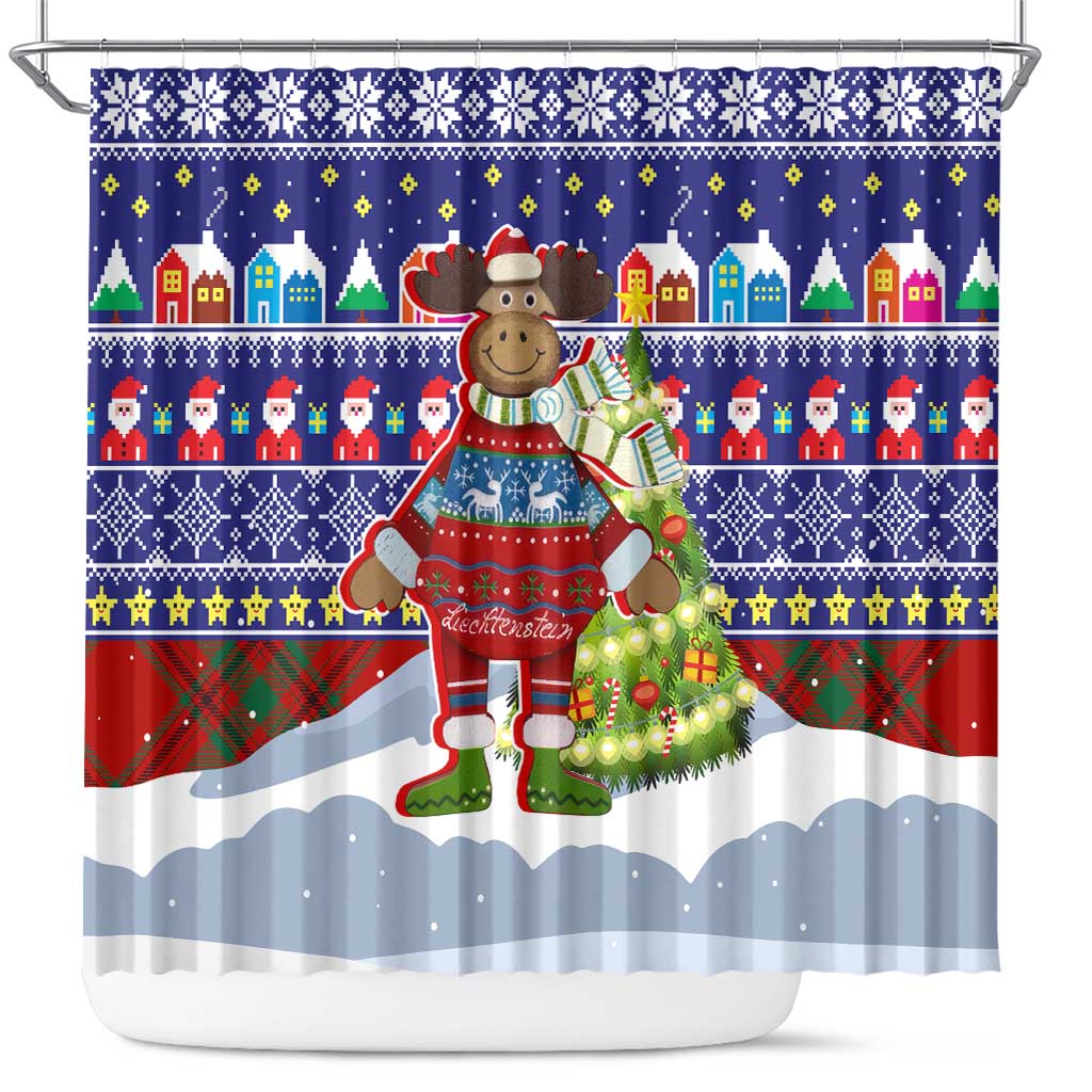 Liechtenstein Christmas Shower Curtain with Reindeer Character Holiday Village and Plaid Sleeves - Wonder Print Shop