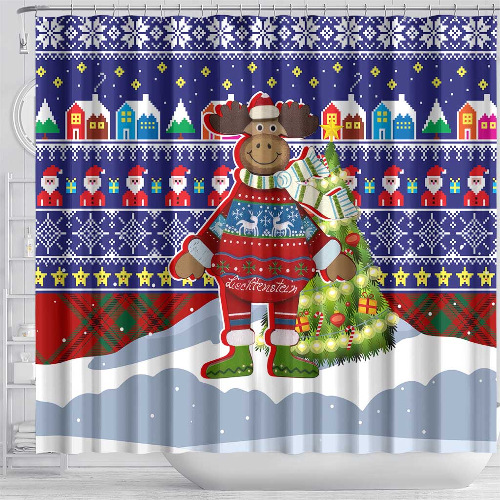 Liechtenstein Christmas Shower Curtain with Reindeer Character Holiday Village and Plaid Sleeves - Wonder Print Shop