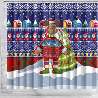Liechtenstein Christmas Shower Curtain with Reindeer Character Holiday Village and Plaid Sleeves - Wonder Print Shop