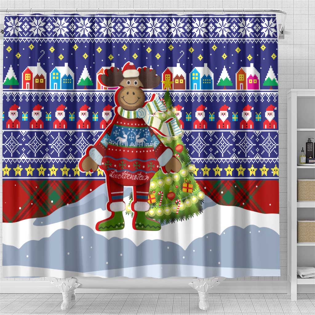 Liechtenstein Christmas Shower Curtain with Reindeer Character Holiday Village and Plaid Sleeves - Wonder Print Shop