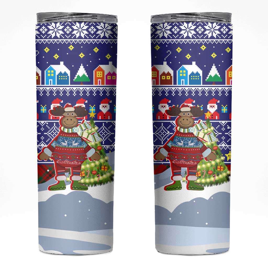 Liechtenstein Christmas Skinny Tumbler with Reindeer Character Holiday Village and Plaid Sleeves - Wonder Print Shop