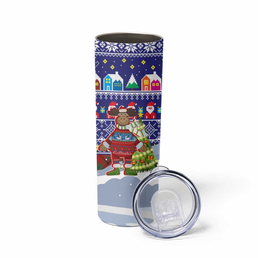 Liechtenstein Christmas Skinny Tumbler with Reindeer Character Holiday Village and Plaid Sleeves - Wonder Print Shop