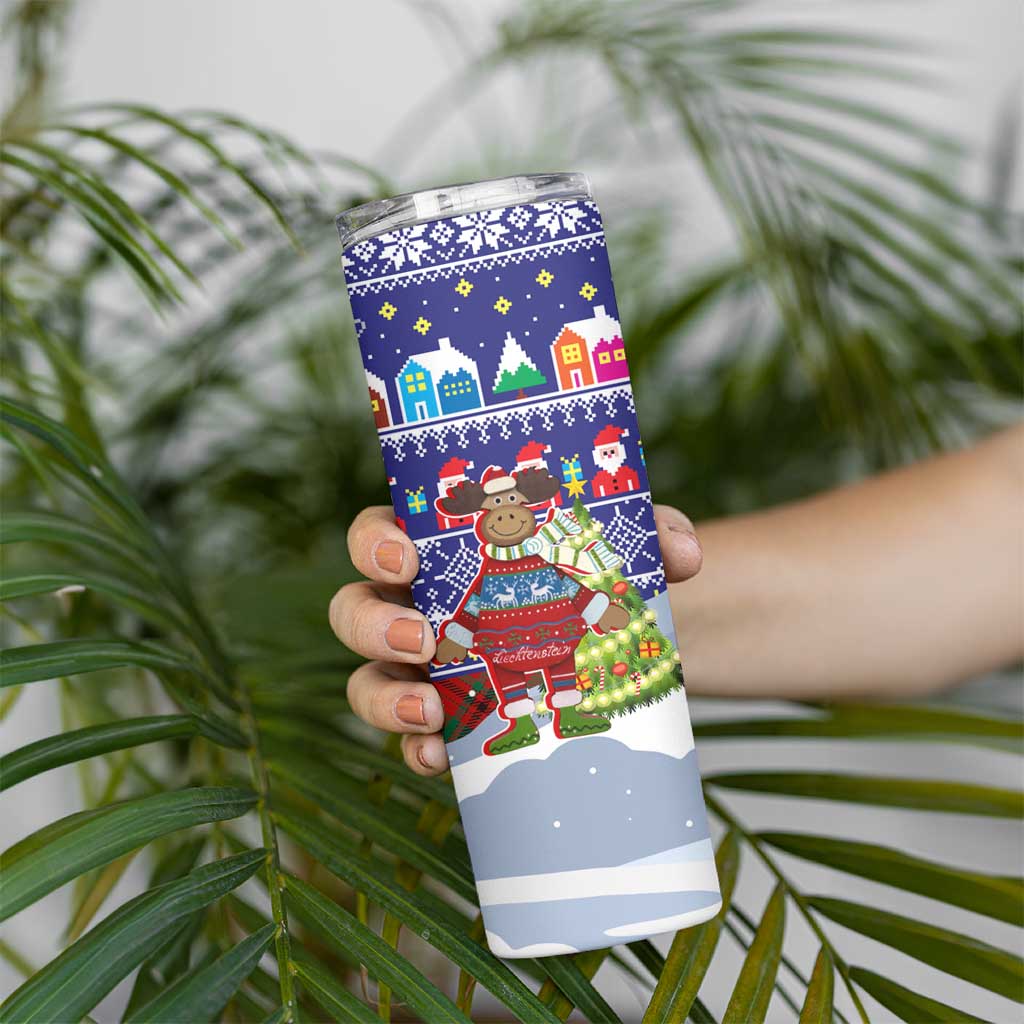 Liechtenstein Christmas Skinny Tumbler with Reindeer Character Holiday Village and Plaid Sleeves - Wonder Print Shop