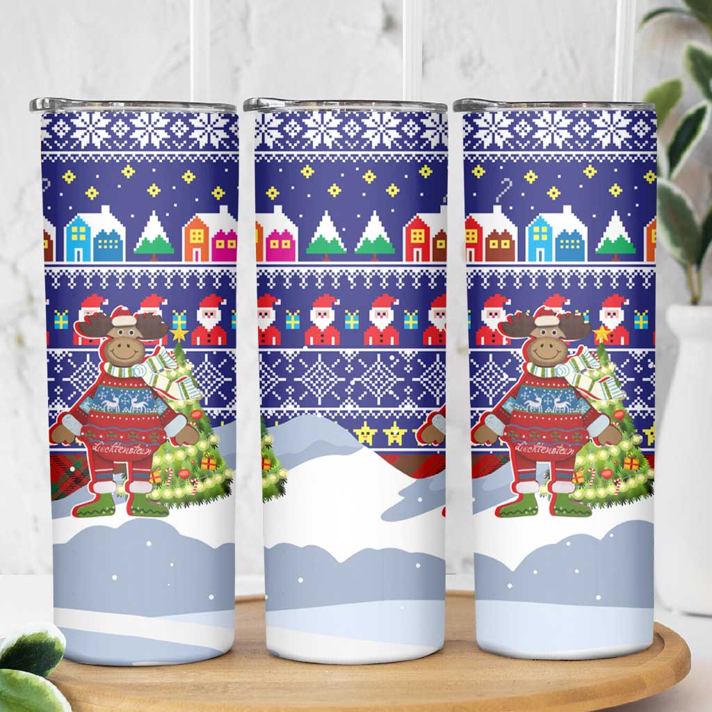Liechtenstein Christmas Skinny Tumbler with Reindeer Character Holiday Village and Plaid Sleeves - Wonder Print Shop