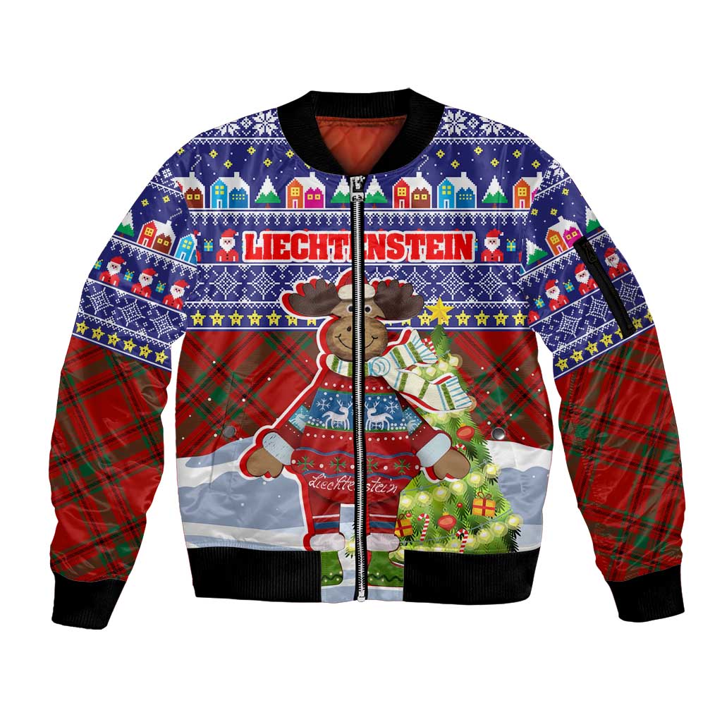 Liechtenstein Christmas Sleeve Zip Bomber Jacket with Reindeer Character Holiday Village and Plaid Sleeves - Wonder Print Shop