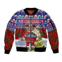 Liechtenstein Christmas Sleeve Zip Bomber Jacket with Reindeer Character Holiday Village and Plaid Sleeves - Wonder Print Shop