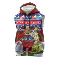 Liechtenstein Christmas Sleeveless Hoodie with Reindeer Character Holiday Village and Plaid Sleeves - Wonder Print Shop