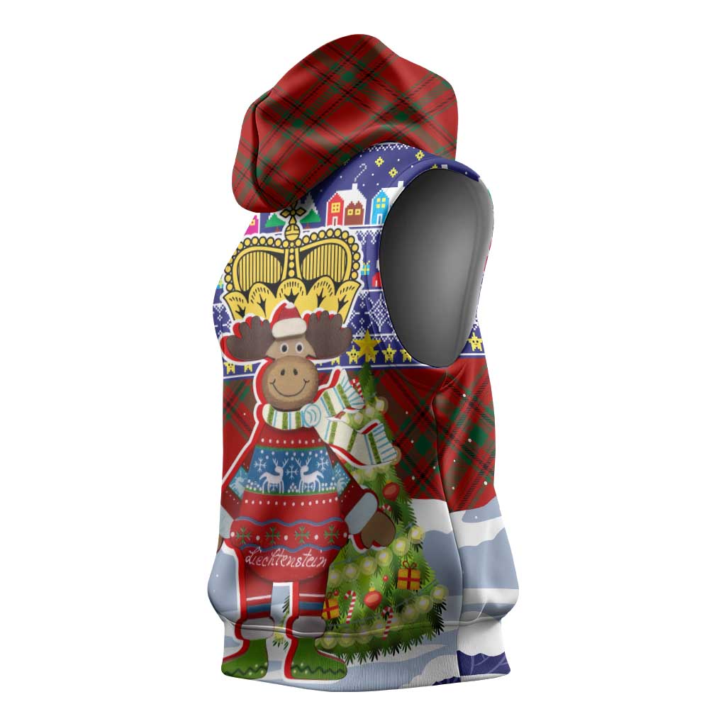 Liechtenstein Christmas Sleeveless Hoodie with Reindeer Character Holiday Village and Plaid Sleeves - Wonder Print Shop