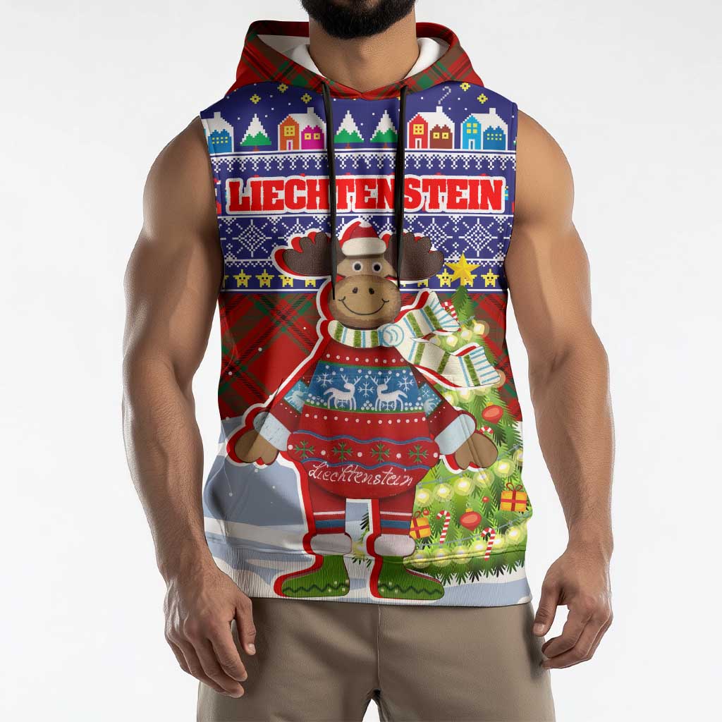 Liechtenstein Christmas Sleeveless Hoodie with Reindeer Character Holiday Village and Plaid Sleeves - Wonder Print Shop
