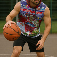 Liechtenstein Christmas Sleeveless Hoodie with Reindeer Character Holiday Village and Plaid Sleeves - Wonder Print Shop