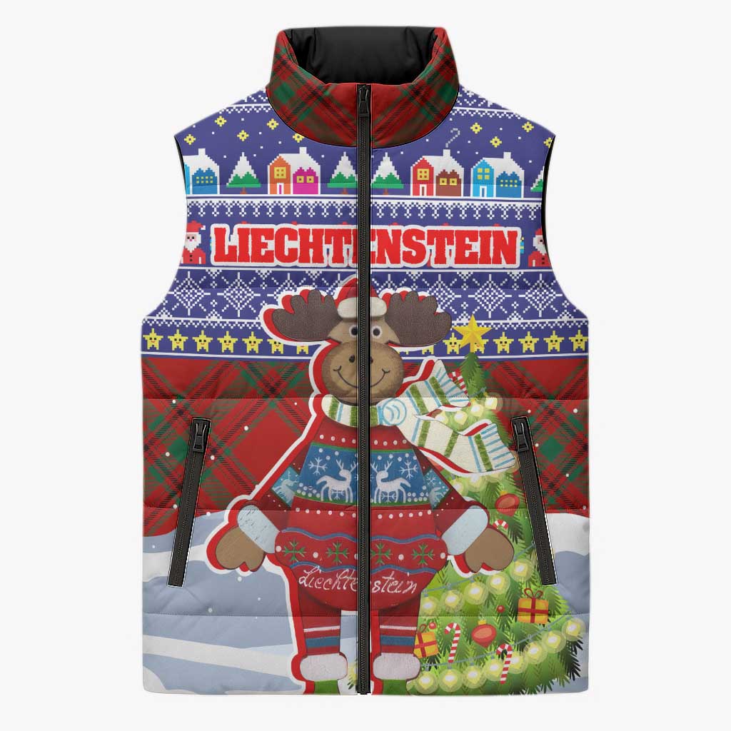 Liechtenstein Christmas Sleeveless Puffer Jacket with Reindeer Character Holiday Village and Plaid Sleeves - Wonder Print Shop