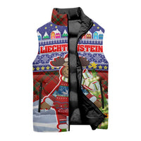 Liechtenstein Christmas Sleeveless Puffer Jacket with Reindeer Character Holiday Village and Plaid Sleeves - Wonder Print Shop