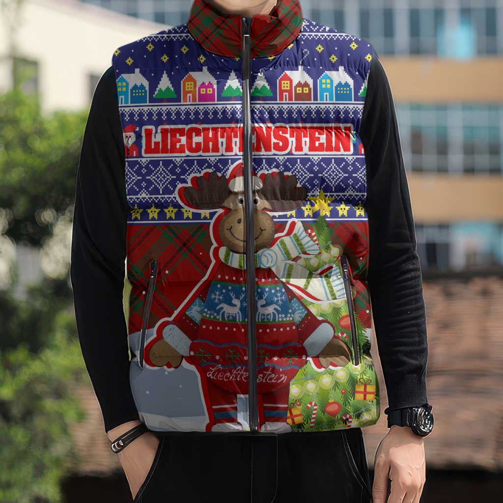 Liechtenstein Christmas Sleeveless Puffer Jacket with Reindeer Character Holiday Village and Plaid Sleeves - Wonder Print Shop