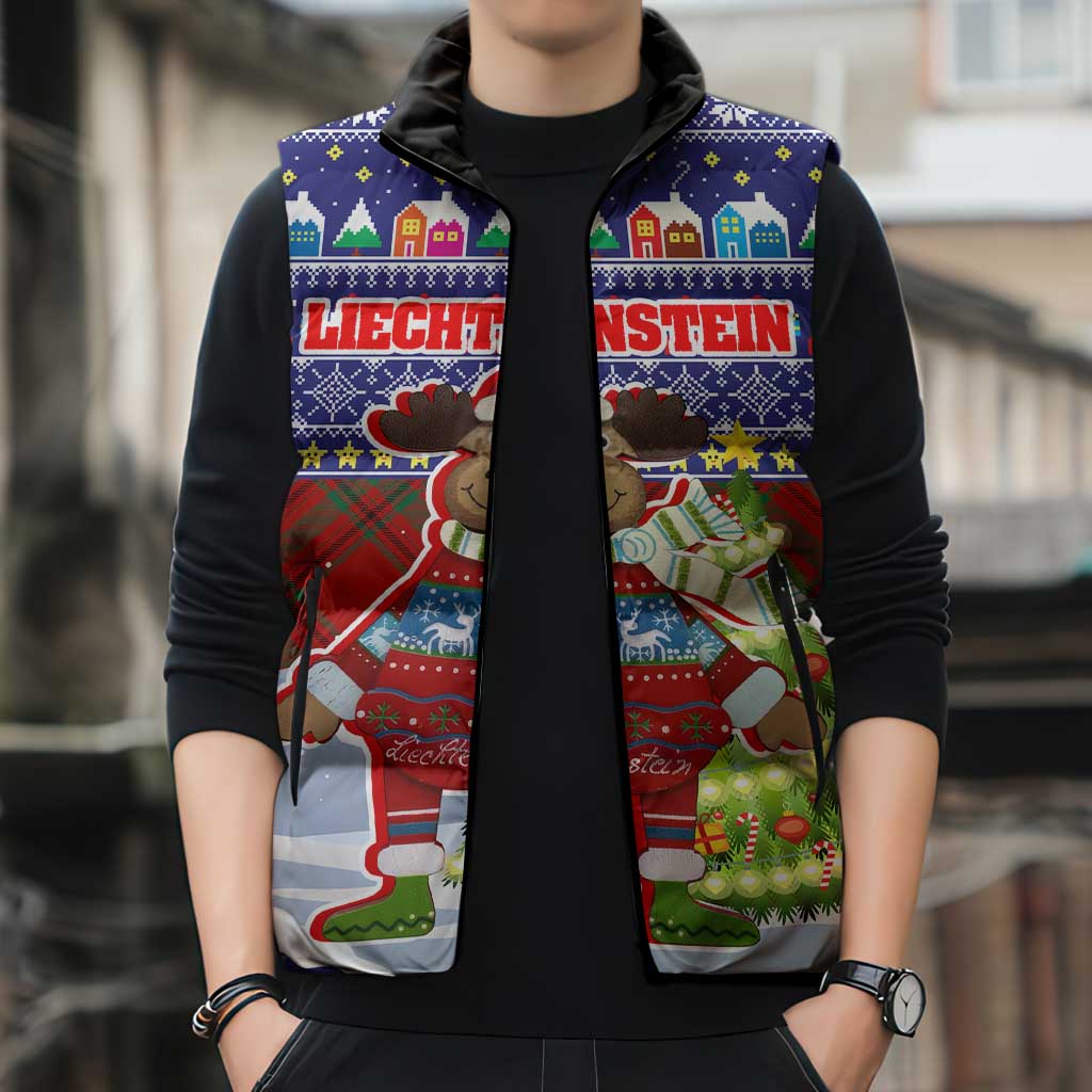 Liechtenstein Christmas Sleeveless Puffer Jacket with Reindeer Character Holiday Village and Plaid Sleeves - Wonder Print Shop