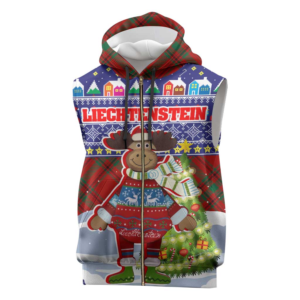 Liechtenstein Christmas Sleeveless Zip Hoodie with Reindeer Character Holiday Village and Plaid Sleeves - Wonder Print Shop