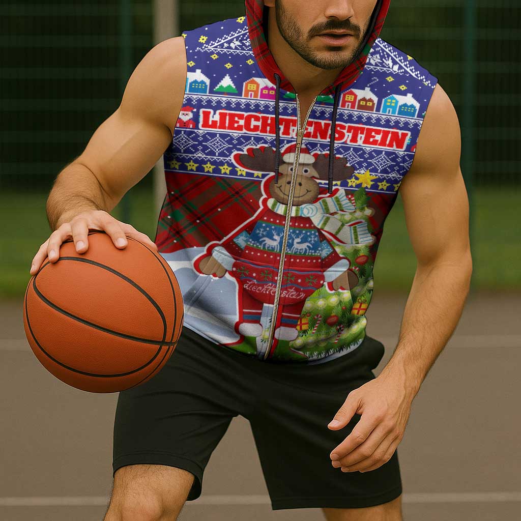 Liechtenstein Christmas Sleeveless Zip Hoodie with Reindeer Character Holiday Village and Plaid Sleeves - Wonder Print Shop