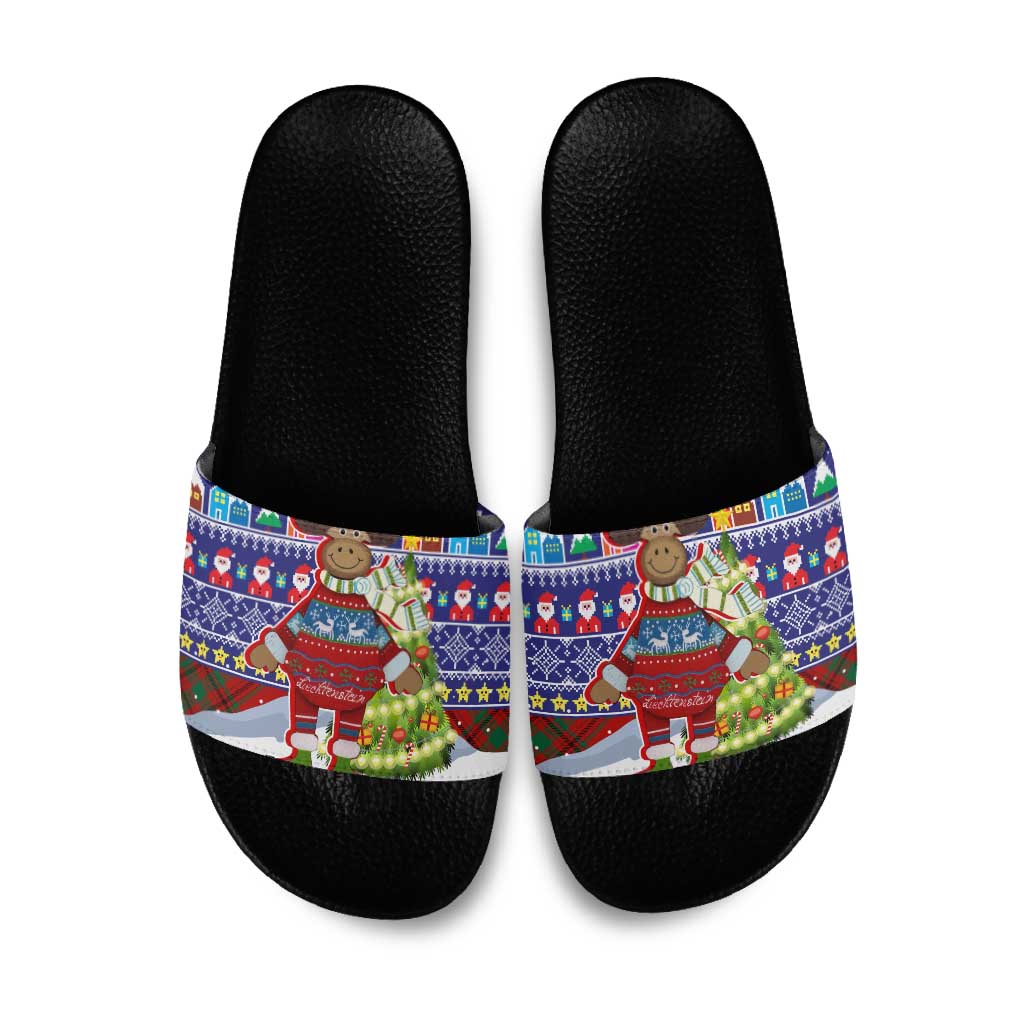 Liechtenstein Christmas Slide Sandals with Reindeer Character Holiday Village and Plaid Sleeves - Wonder Print Shop