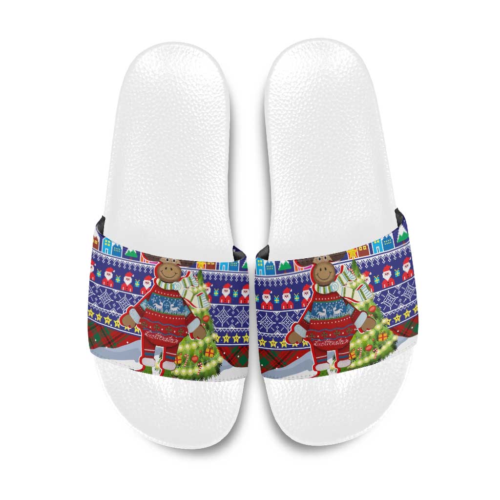 Liechtenstein Christmas Slide Sandals with Reindeer Character Holiday Village and Plaid Sleeves - Wonder Print Shop