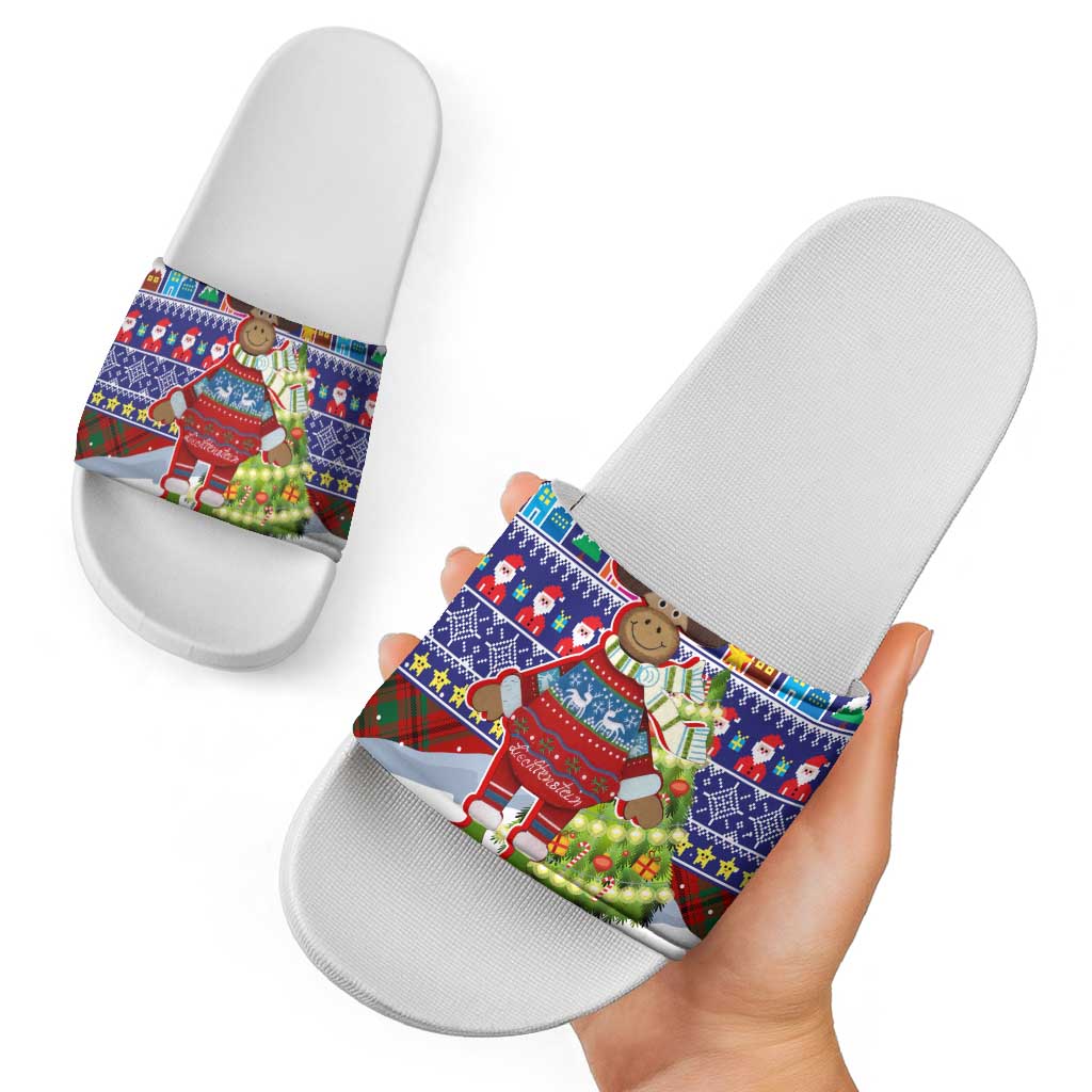 Liechtenstein Christmas Slide Sandals with Reindeer Character Holiday Village and Plaid Sleeves - Wonder Print Shop