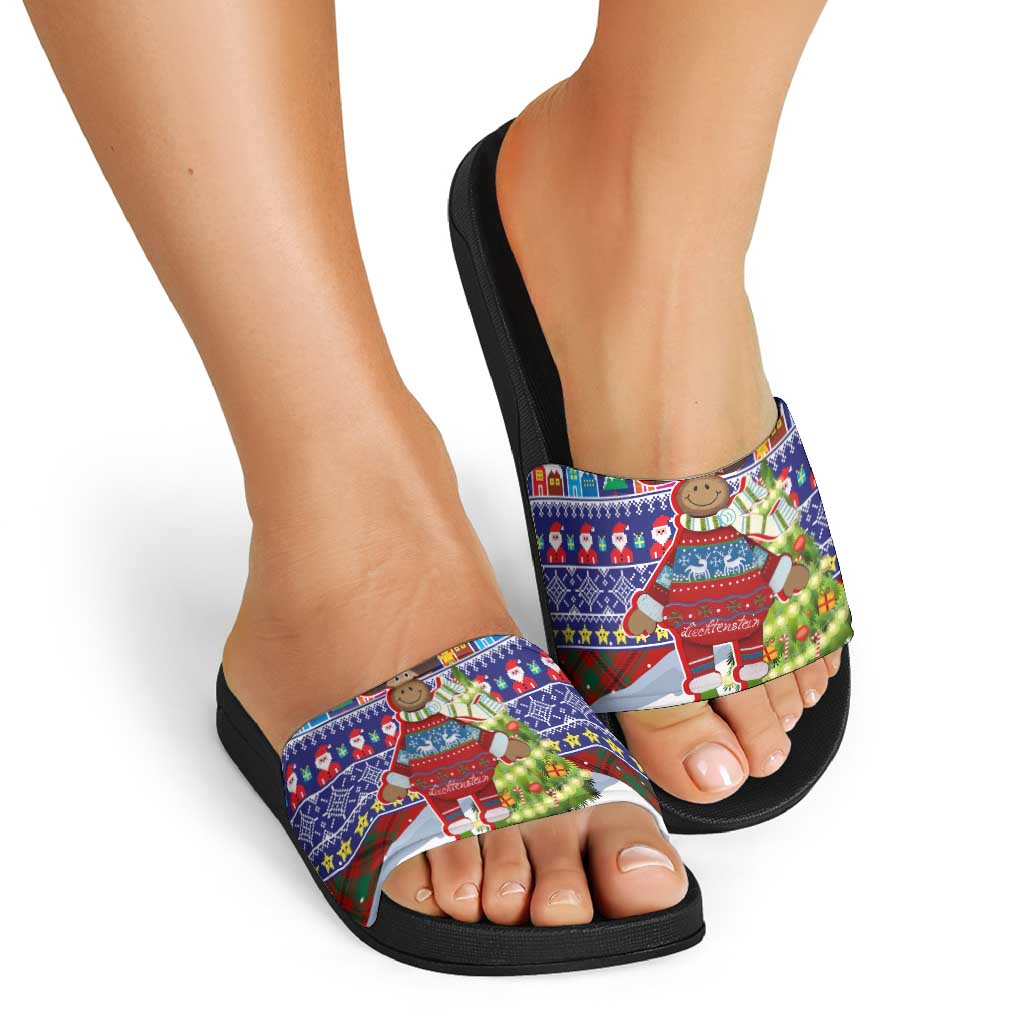 Liechtenstein Christmas Slide Sandals with Reindeer Character Holiday Village and Plaid Sleeves - Wonder Print Shop