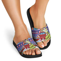 Liechtenstein Christmas Slide Sandals with Reindeer Character Holiday Village and Plaid Sleeves - Wonder Print Shop