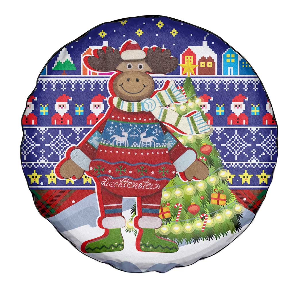 Liechtenstein Christmas Spare Tire Cover with Reindeer Character Holiday Village and Plaid Sleeves - Wonder Print Shop