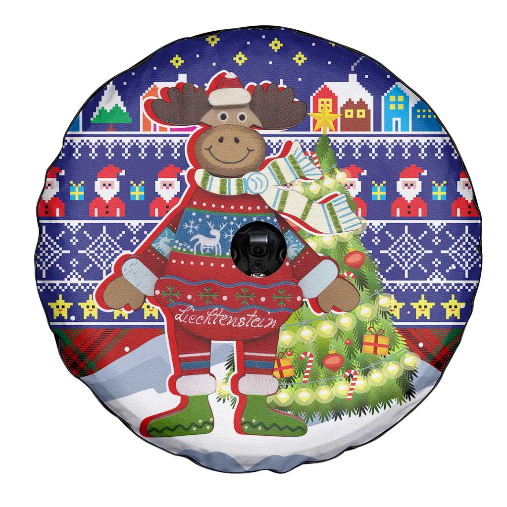 Liechtenstein Christmas Spare Tire Cover with Reindeer Character Holiday Village and Plaid Sleeves - Wonder Print Shop